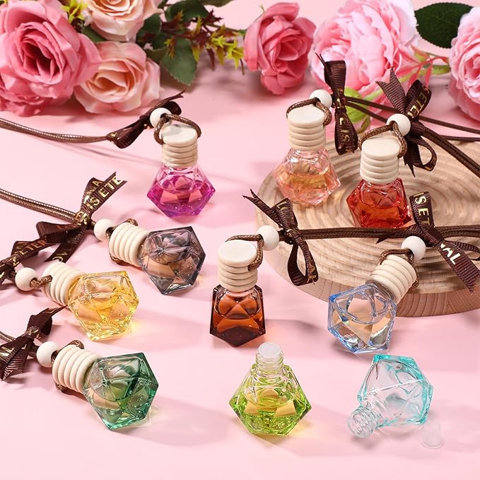 Mudder 50 Pcs Gradient Hanging Car Air Freshener Empty Clear Glass Diffuser Bottles for Essential Oils Perfume Pendant for Women Guests Wedding Favors Employee Appreciation Gifts(RhombusColorful)