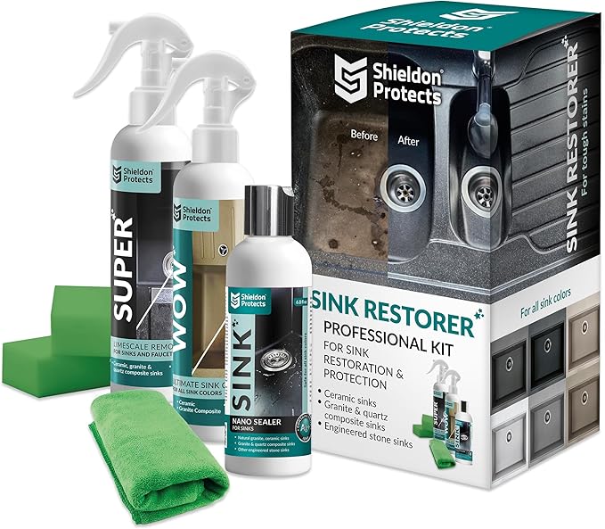 Shieldon Protects Sink Restorer Kit – 3-Step System: Heavy Duty Kitchen Sink Cleaner Hard Water Stain Remover &amp Nano Sealer Protector for Granite Composite Quartz Porcelain &amp Ceramic Kitche