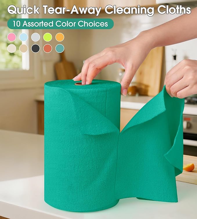 KitchLife Microfiber Cleaning Cloth Roll 100 Pack - Tear-Away Microfiber Paper Towels Lint-Free Reusable Washable for Kitchen Car Dishes and Sensitive Surfaces (Forest Green)