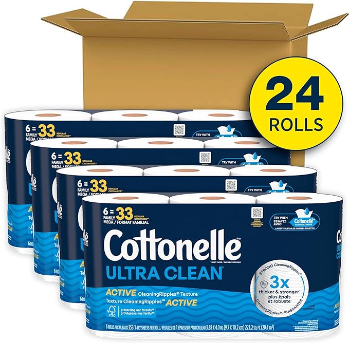 Cottonelle Ultra Clean Toilet Paper with Active CleaningRipples Texture 1-Ply Strong Bath Tissue 24 Family Mega Rolls = 132 Regular (4 Packs of 6) White