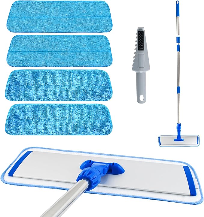 Flat Mop with Stainless Steel Handle Handle Adjustable 3 Sections Splice Microfiber Mop Floor Cleaning 4 Pieces Mops Cloth Wet &amp Dry Pads Wet and Dust Mopping