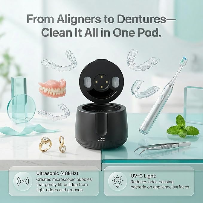 Retainer Cleaner Machine Pod PRO | 48kHz Ultrasonic Dental Pod for Mouthguard Dentures &amp Aligners | UV Light | 3 Cleaning Modes | Tablets Included