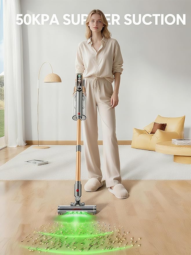 Cordless Vacuum Cleaner 600W/50KPA/65Mins Vacuum Cleaners for Home Super 1.8L Cup&amp Large LED Screen Stick Vacuum Anti-Tangle Lightweight Cordless Vacuum with Charging Dock for Pet Hair/Carpet/F