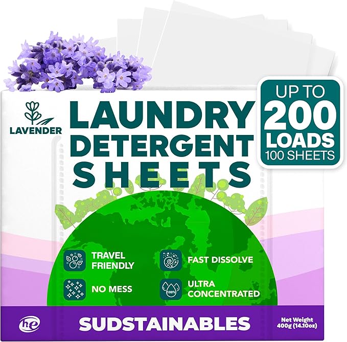 Sudstainables Laundry Detergent Sheets 200 Loads – Dissolvable Laundry Sheet for Washing Machines Compact Alternative to Liquid &amp Powder Detergent Travel-Friendly Soap | Lavender