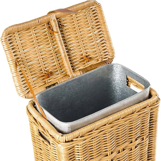 The Basket Lady Wicker Trash Basket with Metal Liner 16 in L x 10.5 in W x 24 in H 10 gallon capacity Sandstone