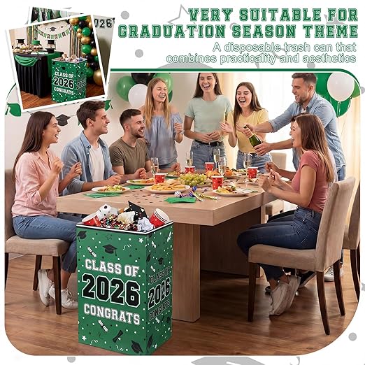 Tinlade 6 Pack 2026 Green Graduation Decoration 13 Gallon Disposable Trash Cans Class of 2026 Party Garbage Bins Large Waterproof Foldable Recycle Pop up Bins for Graduation Party School