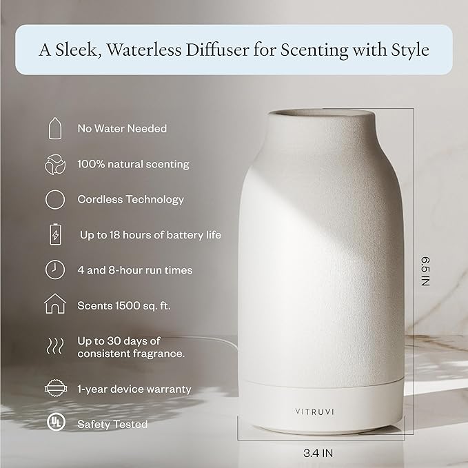Vitruvi Air Cordless Diffuser – Portable Ultrasonic Aroma Diffuser Waterless Cold-Air Technology Up to 18-Hour Runtime Whole-Room Scent Coverage Sleek Minimalist Design