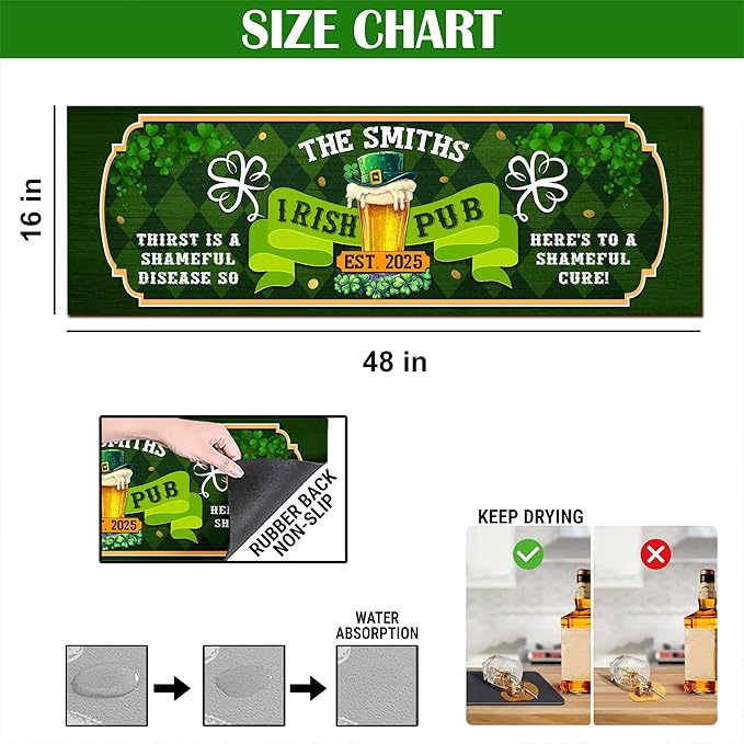 THUYPT Personalized Irish Bar Mat St Patrick's Day Decorations Kitchen Counter Irish Bar Dish Drying Mat Patrick's Lucky Shamrock Quick Drying Spill Mats (13)