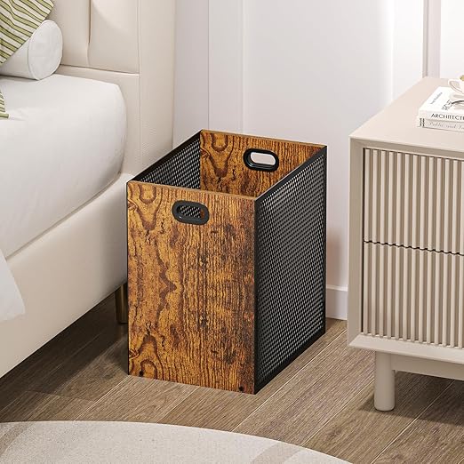 Retro Office Trash Can Iron and Wood Combination Bedroom Garbage Can Rectangular Design Wastebasket with Handle Industrial Style Trash Can for Home Office 11.02 X 7.87 X 11.81 4.5 Gallon (2)
