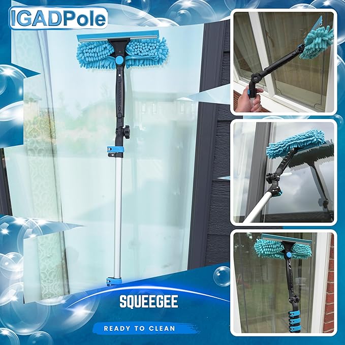 IGADPole 12 FT Water-Fed Washing Kit with Soap-Dispenser Brush 10″ Squeegee &amp Cobweb Duster for Windows Gutters Solar Panels &amp Exterior Walls