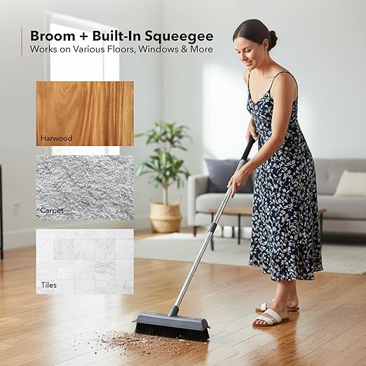 OVENTE Carpet Rake Rubber Broom for Pet Hair Removal with Squeegee Detailing Lint Fur Remover Brush Dustpan and 50” Handle Cleaning Tools Set for Rug Hardwood Floor Tile and Window Grey CT2504GY