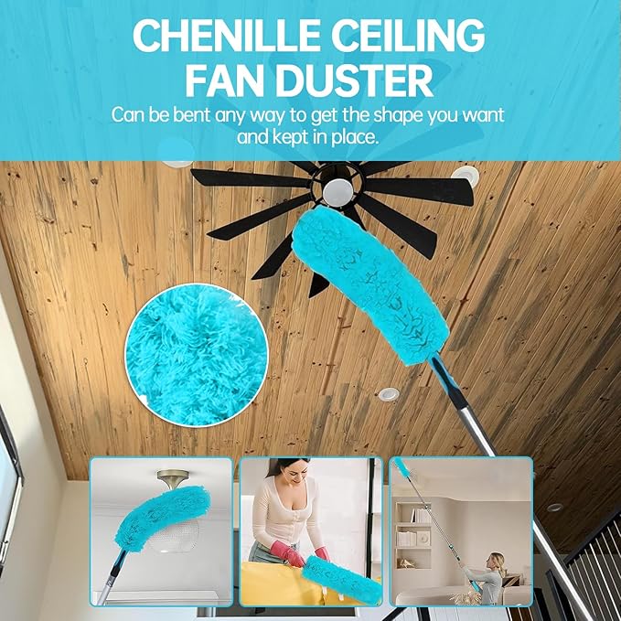 High Ceiling Duster Kits with 3-8ft Heavy Duty Extension Pole - Fan Blade Cleaner Cobweb Remover &amp Blue Window Squeegee Kit Washable Dust Brush and Glass Surfaces Skylight Shades Operating Hook