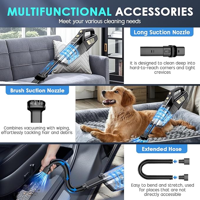 Handheld Vacuum Cordless 15000PA Strong Suction Hand Held Car Vacuum Cleaner Portable with Multi-Nozzles &amp Washable Filter Lightweight Dust Busters Rechargeable for Home Car Office Pets
