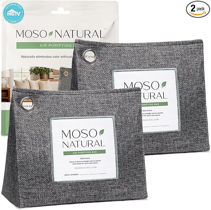 Moso Natural Air Purifying Bag 600g Premium Bamboo Charcoal Odor Absorber Room Deodorizer for Large Spaces Bedroom Kitchen Basement Pet Odor Eliminator for Home 21oz Charcoal Bags (2 Pack)