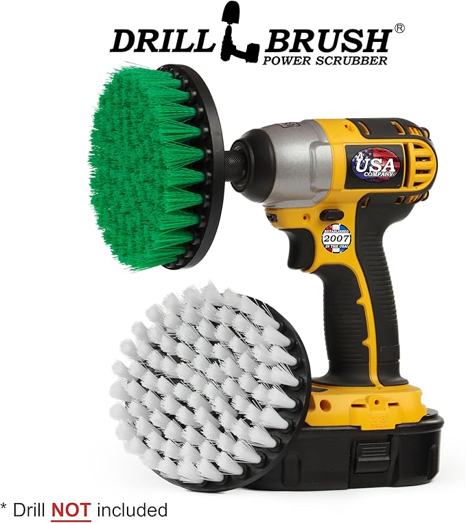 Household Cleaners - Drill Brush Soft White and Medium Green Combo Kit - Cleaning Supplies - Glass Cleaner - Scrub Brush - Leather Shower Doors Carpet Fabric and Vinyl Seats - Kitchen Sink