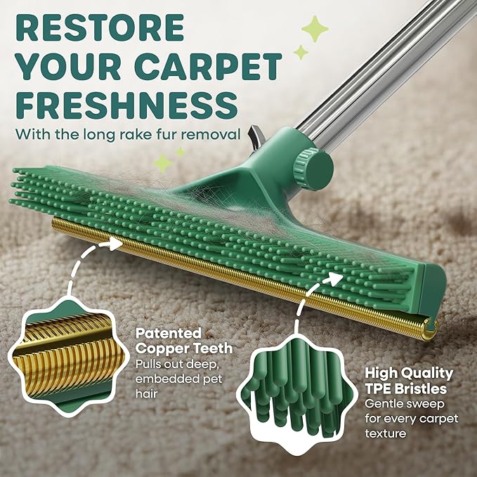 Carpet Rake for Pet Hair Removal 60” Long Handle – Heavy-Duty Pet Hair Remover for Carpets Rugs &amp Mats Cat Dog Fur Rakes Scraper Carpet Broom for Carpets with Copper Teeths