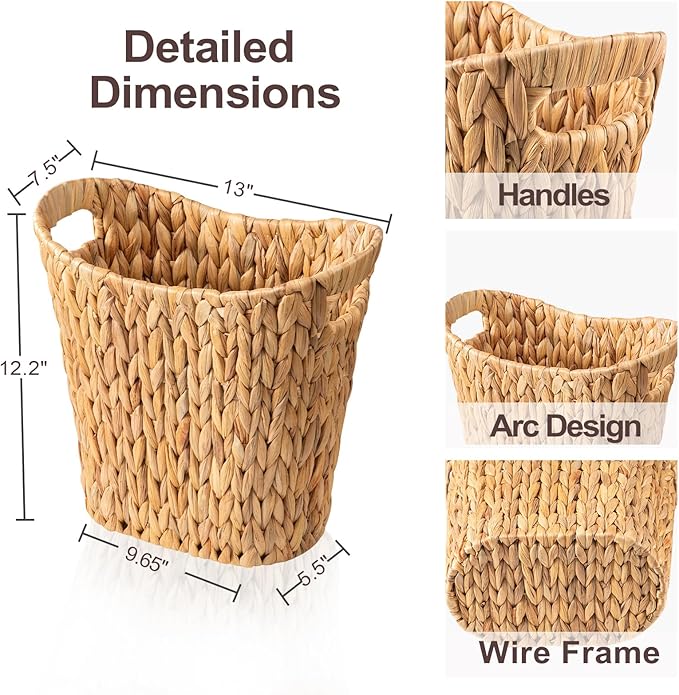 FairyHaus Wicker Trash Can with Handles Natural Water Hyacinth Wicker Waste Basket Handwoven Wicker Trash Basket for Bathroom Bedrooms 13 L x 7.5 W x 12.2 H