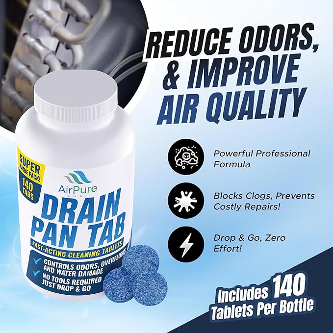 Air Pure Drain Pan Tabs - 140 Flow Treatment Tablets for HVAC &amp AC Condensate Pan Treatment | Prevents Overflow Cleans Drain Lines &amp Eliminates Odors