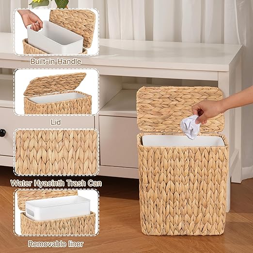 Wicker Trash Can Bathroom Trash Can with Lid 3 Gallon Natural Water Hyacinth Waste Basket with Removable Liner for Bedroom Living Room Toilet Under Sink