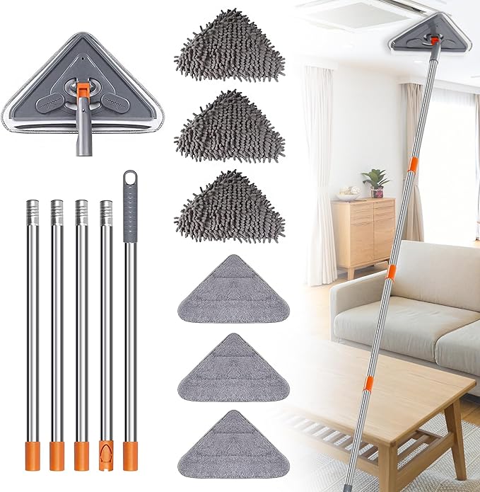 Long Handle Wall Mop 85 Inch Wall Cleaner Ceiling Duster Extension Pole 39 to 85 360° Rotatable Baseboard Wall Window Duster Dry Dust /Wet Wash Cleaning Tool with 6 Replacement Chenille Pads
