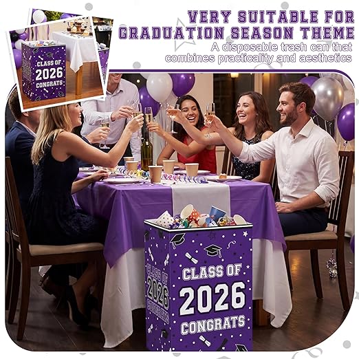 Tinlade 6 Pack 2026 Purple Graduation Decoration 13 Gallon Disposable Trash Cans Class of 2026 Party Garbage Bins Large Waterproof Foldable Recycle Pop up Bins for Graduation Party School