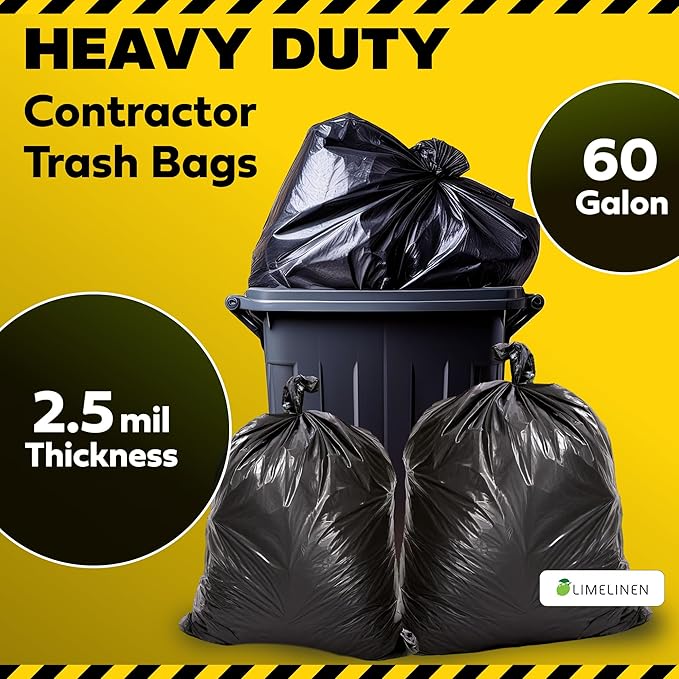 Lime Linen 60 Gallon Heavy Duty Contractor Xl Black Garbage Bags | Industrial Construction &amp Yard Waste | Tear Resistant | 40 Pack Extra Thick 2.5 Mil Tie Bags Interleaved On Roll Secure Closu