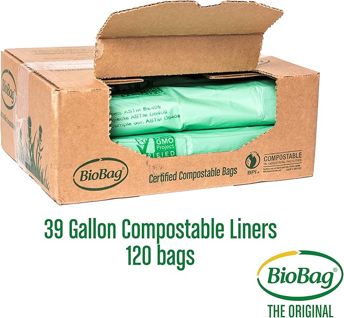 BioBag (USA) The Original Compostable Bag 39 Gallon 120 Count 100% Certified Compostable Trash Bag Liners for Food Waste Extra Strong and Durable Trash Bag