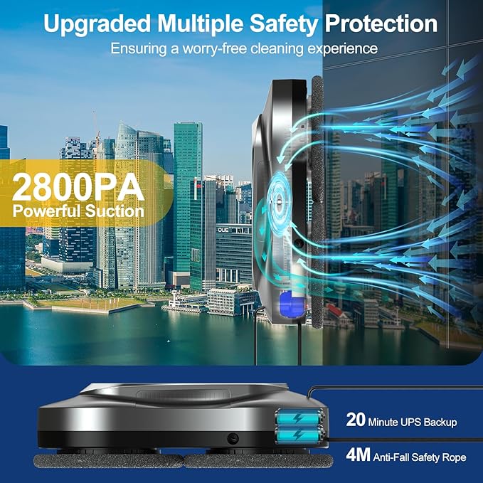 Intelligent Window Cleaning Robot - Electric Window Cleaner with Dual Water Spray Remote &amp App Control Suitable for Interior &amp Exterior Windows Includes 12 Cloths Grey