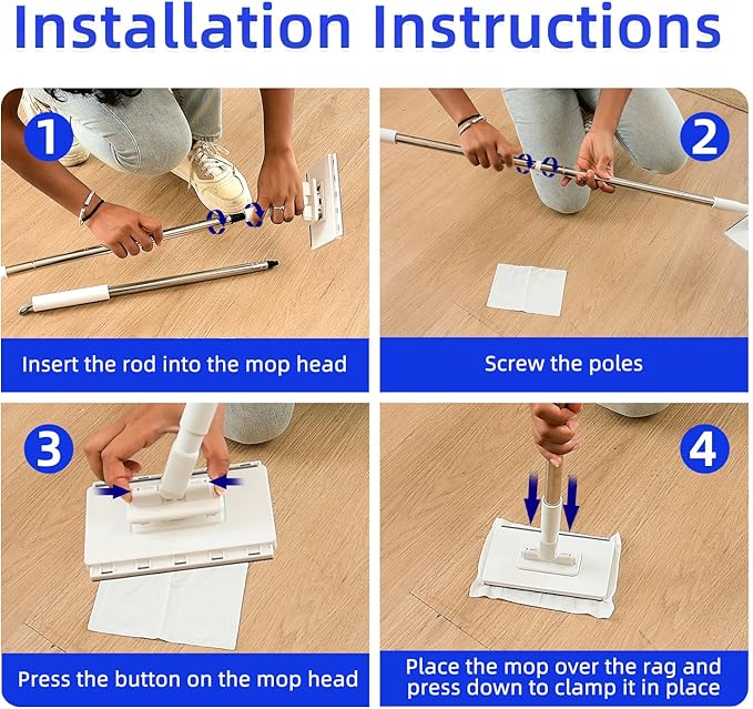 Snap Grip Mini Mop No-Touch Automatic Gripping Mopa Desechable para Polvo Mini Lazy Dust Mop &amp Sweeper Mops for Dry Wet Disposable Pads Multi Surface Floor Cleaning (1 mop + 10 Cloths)