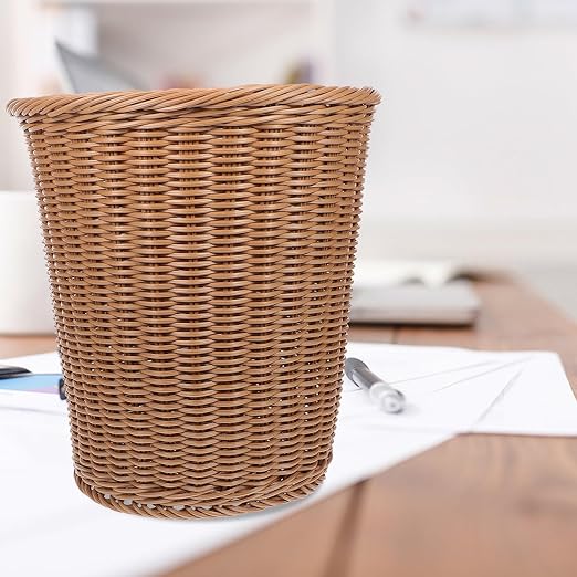 Cabilock Rust-Resistant Iron Wastebasket Imitated Rattan Woven Trash Can Brown and Work Rubbish Bin Without Lid for Living Room or Guest Room