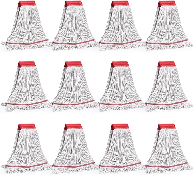 Matthew Cleaning Commercial Mop Head Replacement 5 Inch Wide Headband Looped End Cotton Blend String Wet Mops for Floor Cleaning 18 oz Medium Case Pack 12 Pcs White