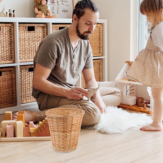 Alipis Wicker Trash Can Woven Basket Home Wastebasket Natural Rattan Pastoral Style Household Garbage Bin for Bedroom and Office Use