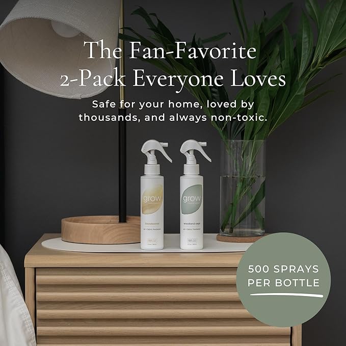 Grow Fragrance Scented Fabric and Room Air Freshener Spray - Certified Non-Toxic 100% Plant-Based Essential Oils - 5 oz (Blondewood + Woodland Sage 2-Count)