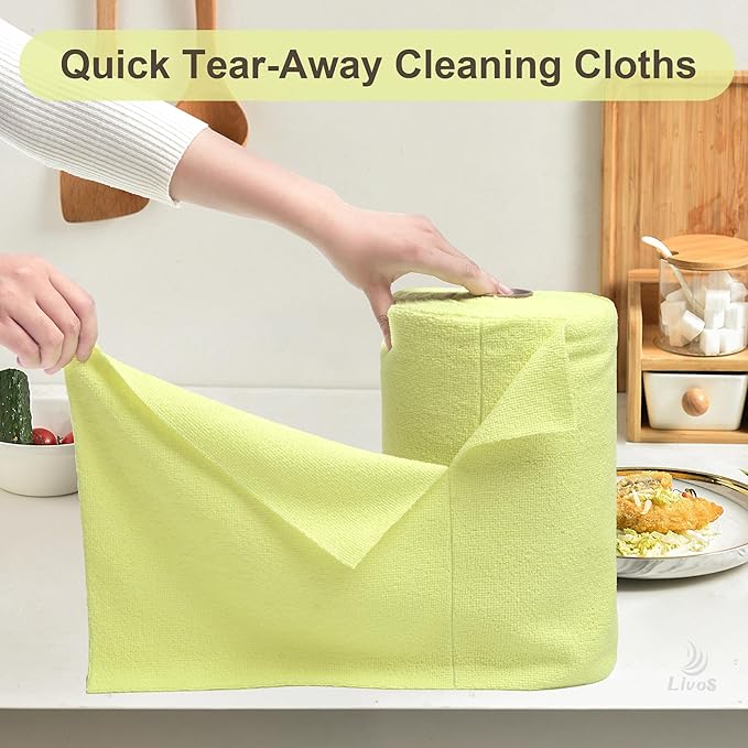 LIVOS Microfiber Cleaning Cloth Roll - 80 Pack Reusable Paper Towels Tear Away Towels Microfiber Towels for Cars Super Absorbent Lint Free Cleaning Rags for House Kitchen-Beige Yellow11.5x11.5