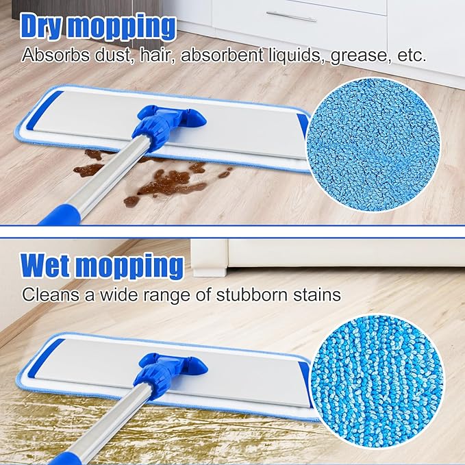Flat Mop with Stainless Steel Handle Handle Adjustable 3 Sections Splice Microfiber Mop Floor Cleaning 4 Pieces Mops Cloth Wet &amp Dry Pads Wet and Dust Mopping