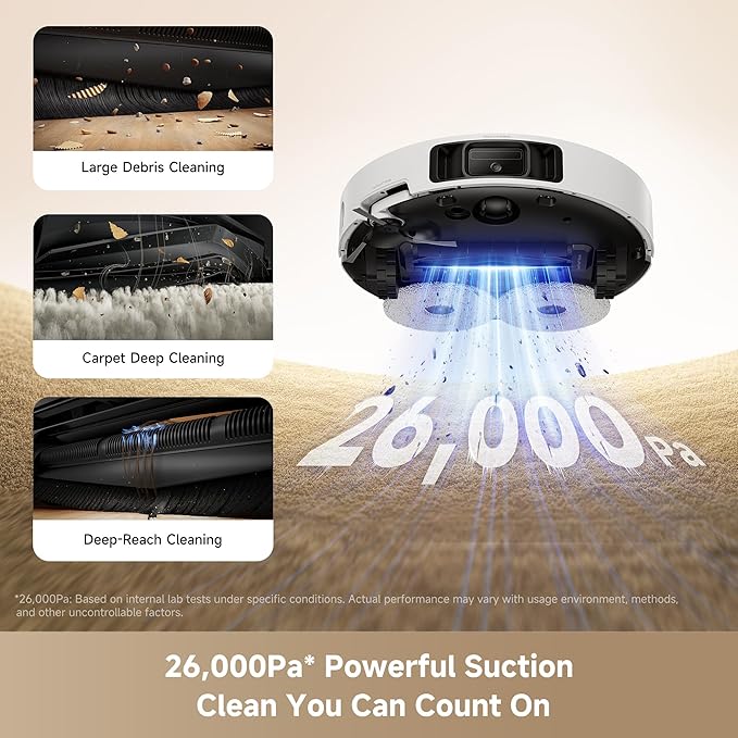 Mova P10 Pro Ultra Gen 2 Robot Vacuum and Mop 26000Pa Suaction 212°F Hot Water Auto Mop Washing 1-Hour Hot Air Drying Extenable Mop All-in-One Dock Triple Anti-Tangle System for Home