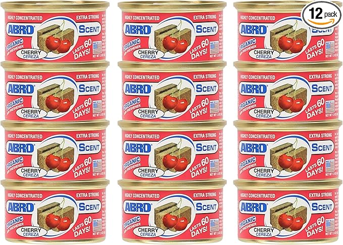 ABRO Scent 12-Pack Organic Air Freshener Can Cherry Scent 3 Spill Proof Blocks per Can Ideal for Car Scents New Car Smell Lasts Up to 60 Days Use in Home Bathroom Car or Office