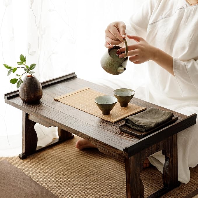 Japanese Wood Floor Table with Foldable Legs - Coffee Tables for Living Room Bed Desk TrayMeditation Altar Laptop Desk