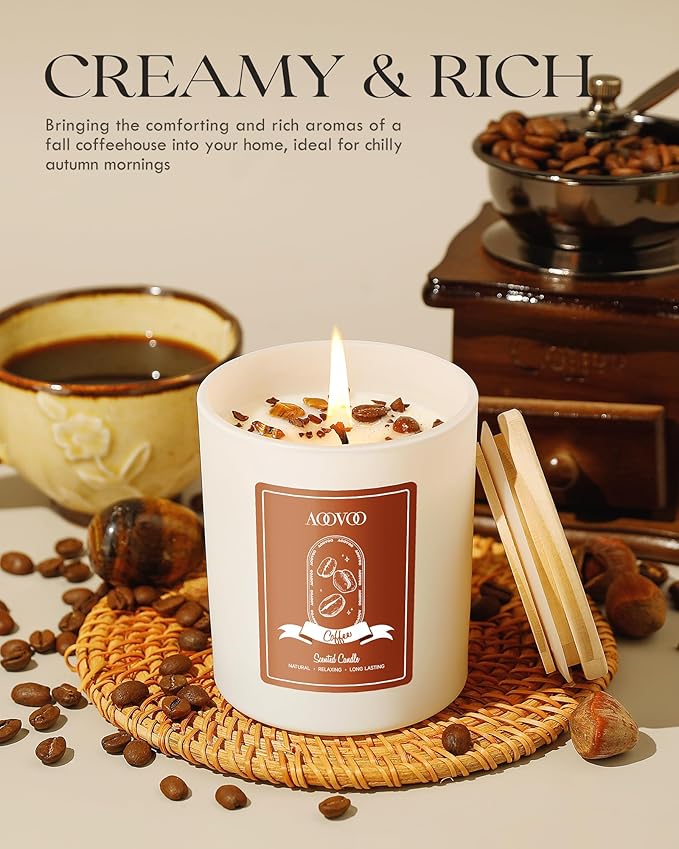AOOVOO Macchiato Coffee Scented Candles for Women - Aromatherapy Candle with Crystals Inside 10oz 60H Burning Time Soy Candles for Home Scented Birthday Gifts Valentines Day Candle for Women Mom