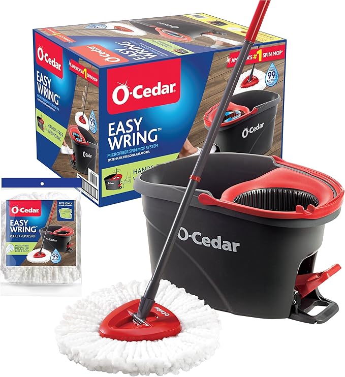 O-Cedar Easywring Microfiber Spin Mop &amp Bucket Floor Cleaning System with 1 Extra RefillRed / Gray