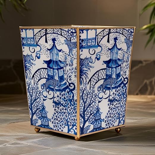 Jaye’s Studio Garden Party Decorative Gold Waste Basket for Bathroom Trash Can no Lid Bedroom Garbage Can Square Office Trash Bin Vanity Enamel White &amp Blue Bathroom Trash Can Gold Feet 9 inch