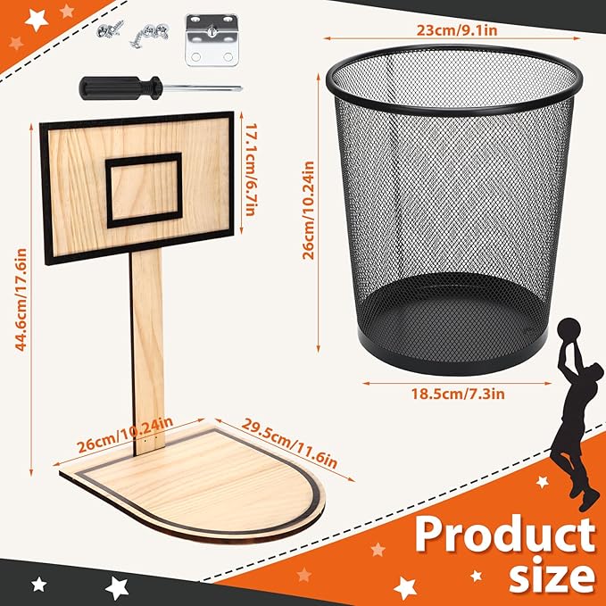 Patelai 2 Pcs Basketball Trash Can Basketball Hoop Trash Can Hoop Bin Waste Basket Game 18x8in Oak-Style Mesh Backboard with Fun Shooting Design Durable Garbage Bin for Home Office Boys Gift