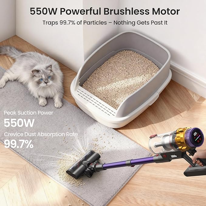 Xlife Cordless Vacuum Cleaner 550W 48KPA Stick Vacuum Cleaners for Home Wireless Vacumm with Self-Standing Anti-Tangle Brush for Hardwood Floor/Carpet/Pet Hair-P12