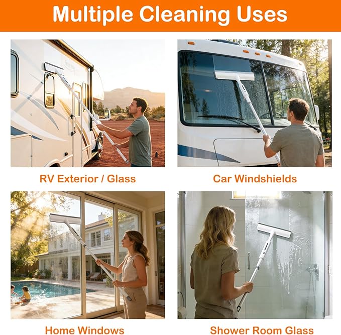 RV Window Cleaning Squeegee with Spray Max 73.3 Handle Motorhome &amp Camper Exterior Glass Cleaner 3-in-1 Spray Mop for High Windows Home &amp Car