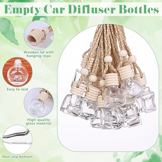 48 Sets Hanging Car Air Freshener Diffuser Bottles Bulk with Car Diffuser Instructions Car Card Empty Glass Essential Oil Diffuser Bottles Fragrance Perfume Pendant Bottle for Staff Employee