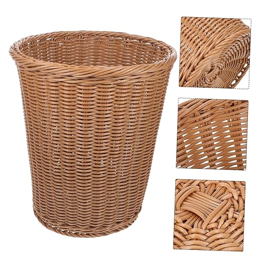 Rust-Resistant Iron Office Trash Can Simulated Rattan Woven Wastebasket Multipurpose Storage Basket for Home and Use Beige