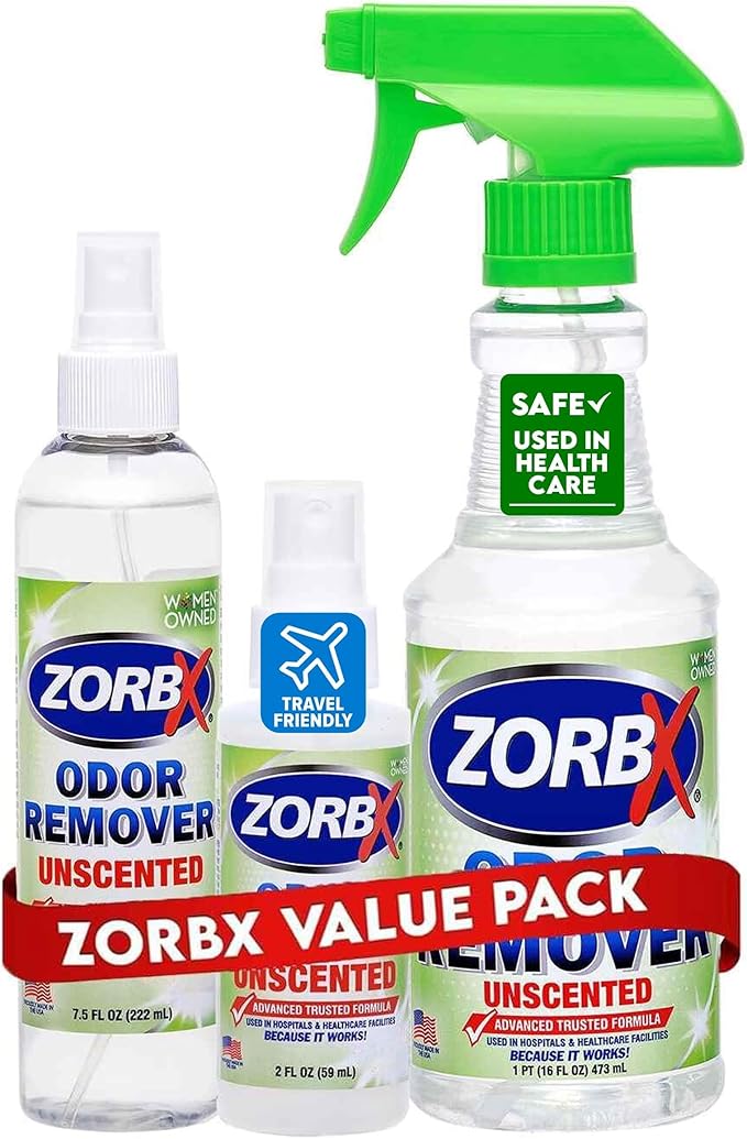 ZORBX Unscented Odor Eliminator for Strong Odor 3 items Bundle: 16 Oz + 7.5 Oz + 2 Oz - Used in Hospitals &amp Healthcare Facilities - Fast-Acting Odor Remover Spray for Dog Cat House &amp Carpet