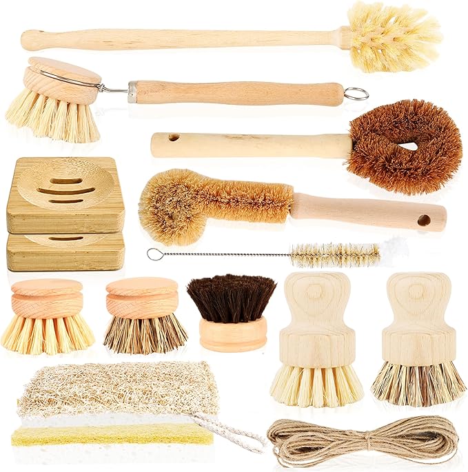 15 Pcs Bamboo Dish Brush Set with 65 Ft Hemp Rope Wooden Palm Pot Brush Sisal Bristles Natural Cup Scrubber Loofah Sponge Draining Tray for Pans Bottle Sink Kitchen Cleaning