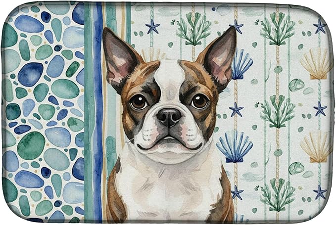 Caroline's Treasures Brindle Boston Terrier Coastal Sea Glass Dish Drying Mat Absorbent Dish Drying Mat Pad for Kitchen Counter Dish Drainer Mat for Countertop 14 x 21 Multicolor
