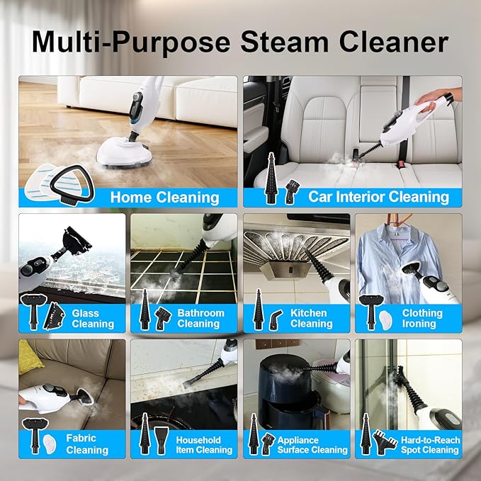 11-in-1 Steam Mop 1550W Powerful Handheld Steam Cleaner 260°F Multi-Functional Floor Steamer with 21.3FT Cord for Floors Hardwood Tiles Grout Windows Kitchen Bath Adjustable (White)